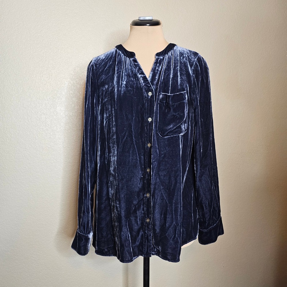 Sundance Navy Blue 100% Silk Velvet Button Down Blouse Petite Small